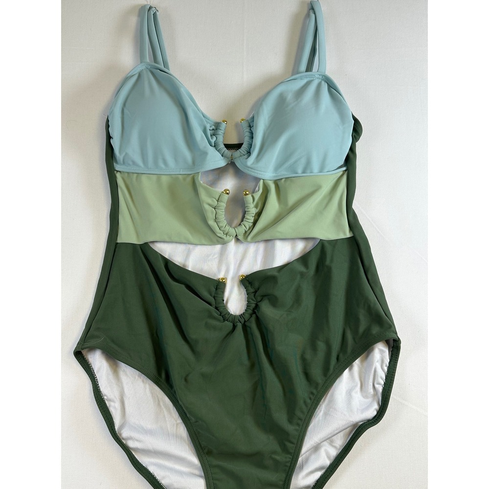 EOMENIE Colorblock Cutout One Piece Swimsuit Blue Green Gold Hardware NWT Size S